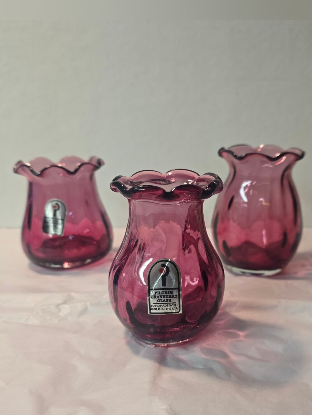Vintage Hand Blown Cranberry Ruffled Pilgrim Glass Vases Between 3"- 4" Set Of 3